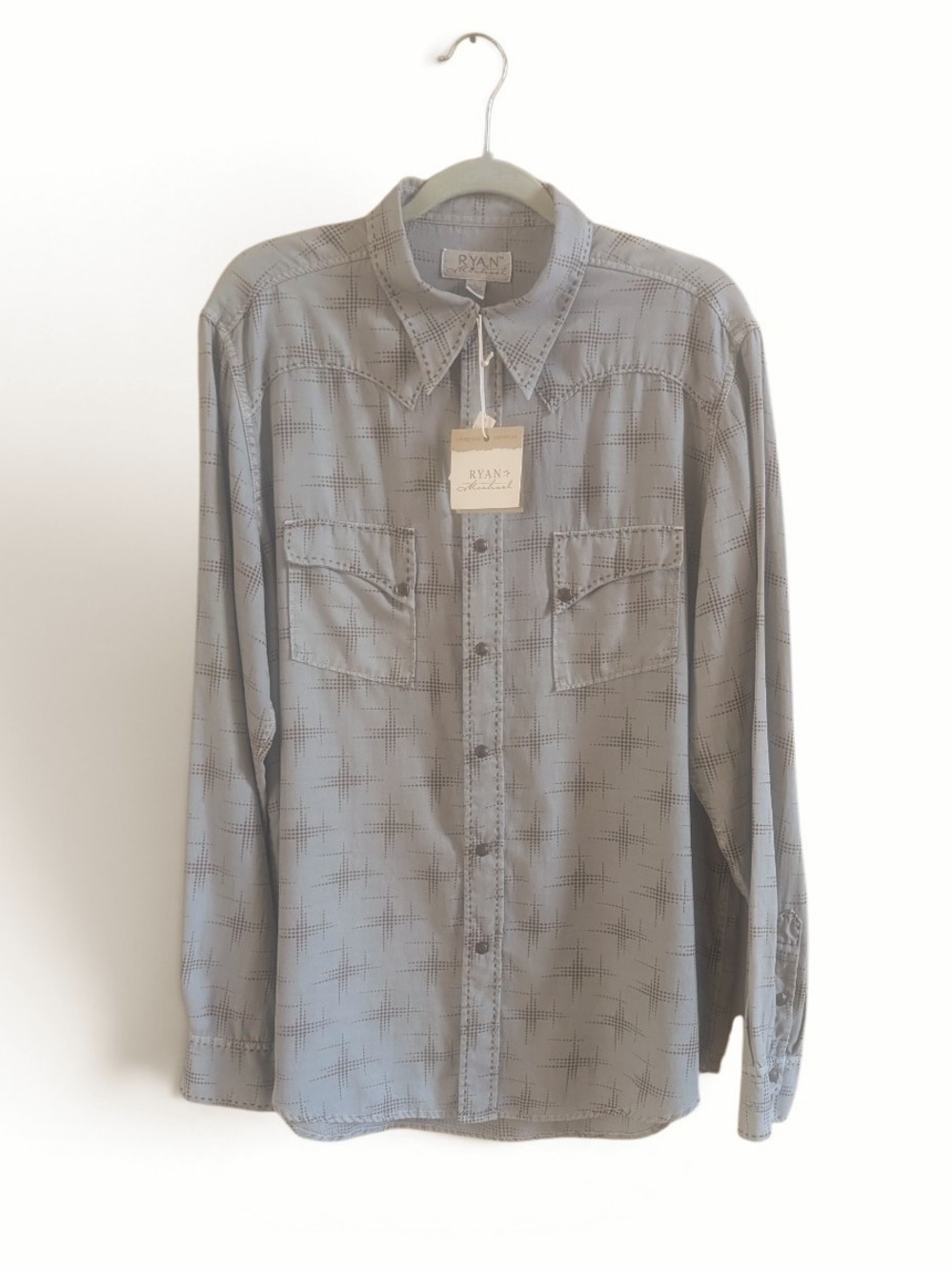 NWT Ryan Michael Men's Large Silk Cotton Western Snap Shirt Gray Grid Pattern